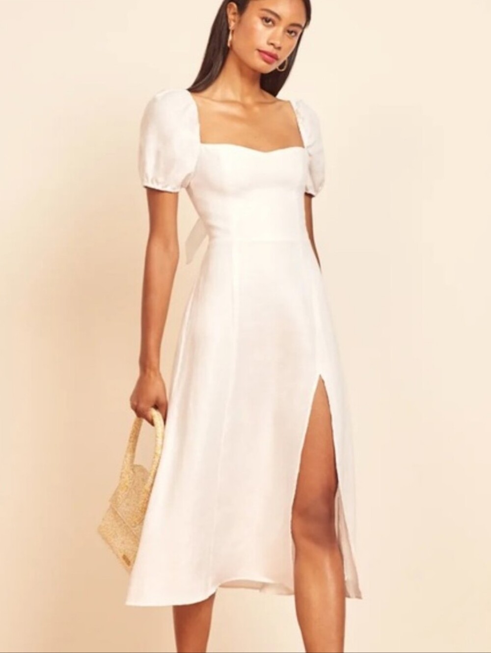 Reformation Denver Linen White Midi Dress Puff Sleeves Bow Bridal Wedding Size 0